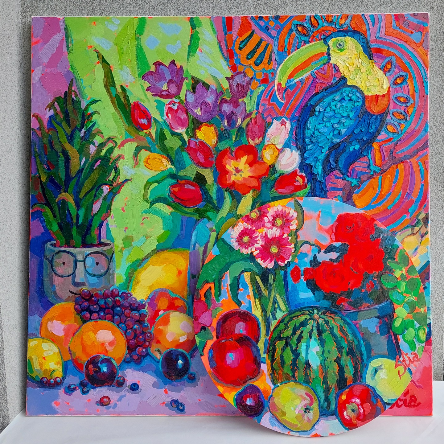 Two oil paintings with the same vibes
Anastasiia Kurkova (Stia)
Oil painting on canvas
2025
Tropical Birdsong
90×90 cm
Living Canvas
50 cm