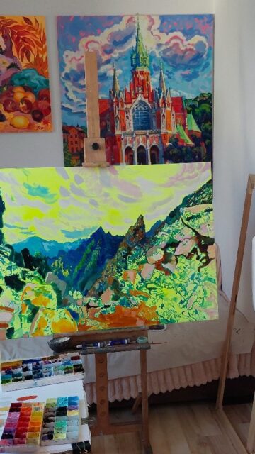 Oil painting on canvas
Between the Peaks
Anastasiia Kurkova
100 W x 70 H cm
2025
Where the Sky Begins series — a visual journey to places where the earth rises to meet the sky. The landscape is based on a real view of the Lomnica Pass in the High Tatras, Slovakia, seen from an altitude of 2,190 meters above sea level. The Lomnica Peak itself is the second-highest mountain in the Tatras and one of the most renowned. Working in the style of emotive colorism, my aim was not merely to depict the landscape but to convey a state of awe — that breathless moment when height, vastness, and the grandeur of nature converge.